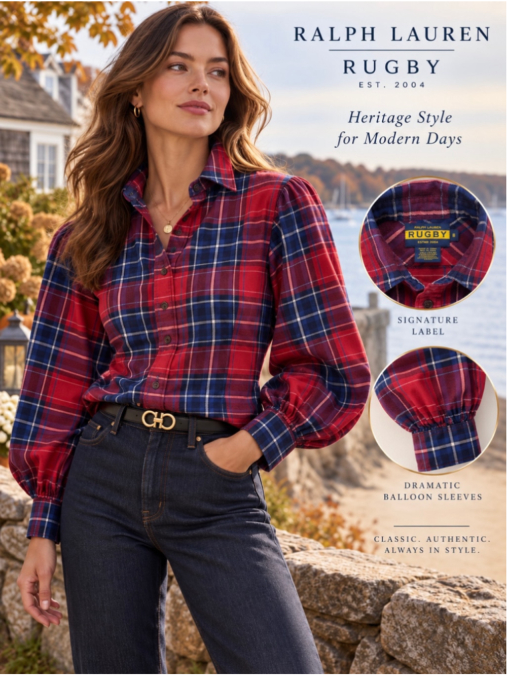 Vintage Ralph Lauren Rugby Women’s 8 Red Navy Plaid Balloon Sleeve Flannel Shirt